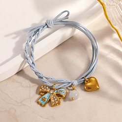Небесно-голубой 304 Браслеты из нержавеющей стали с эмалью и подвесками из смолы, регулируемые женские браслеты из плетеного шнура из полиэстера, сердце и лук, голубой, внутренний диаметр: 1.97 дюйм (5 см)