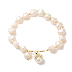 Real 14K Gold Plated Natural Pearl & Brass Tube Stretch Bracelets, with Teardrop Charms, Real 14K Gold Plated, Inner Diameter: 2 inch(5.1cm)