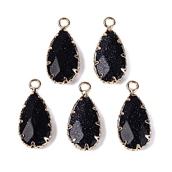 Blue Goldstone Synthetic Blue Goldstone Faceted Pendants, Brass Teardrop Bezeled Charms, Golden, 24~25x10.5~11.5x5~5.5mm, Hole: 2mm