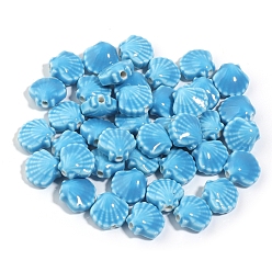 Темно-Голубой Ручной работы яркие остеклением шарики фарфора, формы раковины, глубокое синее небо, 12 мм, отверстие : 1.8 мм, 5 шт / комплект