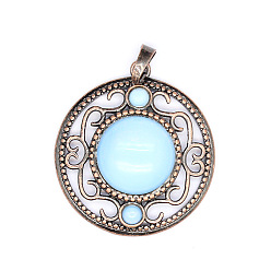 Опал Ретро полые опалиты подвески, плоские круглые подвески, с красной медной металлической фурнитурой, 36x33 мм