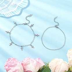 Cross 2 шт. 2 стили 304 двухслойные браслеты на ногу из нержавеющей стали с цепочкой-скрепкой для женщин, цвет нержавеющей стали, не тускнеет, крестик, 9-1/4 дюйм (235~236 мм), 1 шт / стиль