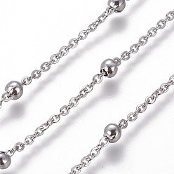 Нержавеющая Сталь Цвет Устойчивы к потускнению 304 цепи из нержавеющей стали, спутниковые сети, с круглых бусин, пайки, с катушкой, Плоско-овальные, цвет нержавеющей стали, 2 мм, ссылка: 2.5x2x0.5 mm, бусины : 4x3.5 мм, около 82.02 футов (25 м) / рулон