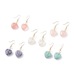 Смешанные камни Драгоценный камень сердце качает серьги, ювелирные изделия из позолоченной латуни для женщин, 38 мм, штифты : 0.7 мм
