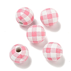 Светло-Вишневый Набивные деревянные европейские бусины, круглый с рисунком тартана, светло-вишневый, 15.5~16 мм, отверстие : 4~4.5 мм