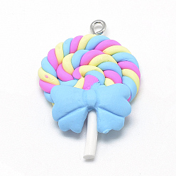 Светло-Голубой Полимерной глины ручной работы подвески, леденец с бантом, Небесно-голубой, 40~53x27~30x7~9 мм, отверстие : 2 мм