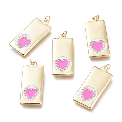 Золотой Латунные микропаве прозрачные подвески с фианитом, с эмалью и кольцами для прыжков, долговечный, Прямоугольник с сердцем, розовые, золотые, 28x13x2 мм, отверстие : 3 мм