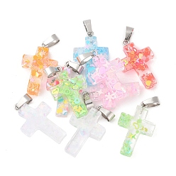 Cross Подвески из светящейся смолы с блестками, с защелкой из нержавеющей стали на поручнях, крестик, 27.5x17x4.5 мм, отверстие : 7.5 мм