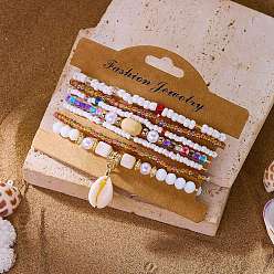 Белый Богемные браслеты из смолы, сплавов, стекла, ракушек и пластиковых жемчужин, выполненные из эластичных материалов., Браслеты с подвесками в форме ракушек для женщин, с бумажной карточкой, белые, внутренний диаметр: 2.01~2.09 дюйм (5.1~5.3 см), о 7 шт / комплект