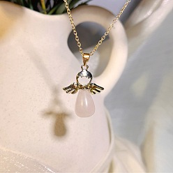 Розовый Кварц Европейский натуральный розовый кварц с подвеской в виде ангела из сплава и крыльями из сплава, колье для женщин., платина, 19.69 дюйм (50 см)