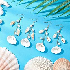 Platinum 304 Stainless Steel Shell Shape Dangle Earrings, with Natural Cowrie Shell & Imitation Pearl, Platinum, 80~83.5x25~27.5mm, 2pair/set
