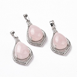 Розовый Кварц Природного розового кварца подвески, слезинки, со стойкой платинового тона с латунным покрытием, 32x19x10 мм, отверстие : 8x5 мм