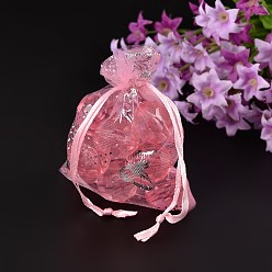 Pearl Pink Organza Bag with Drawstring, Jewelry Pouches Bags, for Wedding Party Candy Mesh Bags, Rectangle with Butterfly Pattern, Pearl Pink, 9x7cm