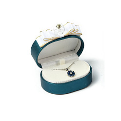 Teal Oval PU Leather Jewelry Pendant Gift Storage Boxes with Bowknot, Teal, 8x8x4cm