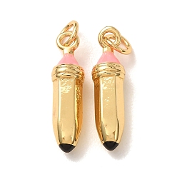 Real 18K Gold Plated Brass with Pink Enamel Pendants, Pencil Charms, Rack Plating, Long-Lasting Plated, Cadmium Free & Lead Free, Real 18K Gold Plated, 21x4.5x4.5mm, Hole: 3mm