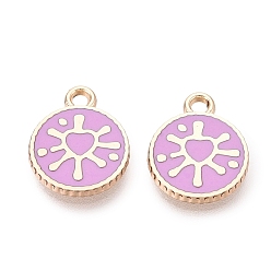 Orchid Alloy Enamel Pendants, Rack Plating, Flat Round & Heart Charms, Golden, Orchid, 13.5x11x1.5mm, Hole: 1.6mm