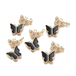Black Brass Micro Pave Clear Cubic Zirconia Pendants, with Enamel and Jump Rings, Butterfly, Golden, Black, 28x18.5x3mm, Hole: 3mm