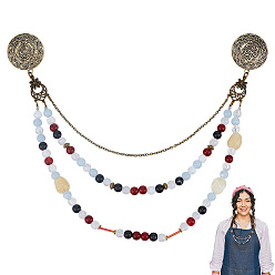 Golden Flat Round Iron Brooches, with Brass Chains and Acrylic & Glass, Golden, 340mm