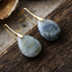 Лабрадорита Серьги-капли из латуни, с натуральным лабрадорита, золотые, 40x18 мм