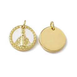 Белый Подвески из латуни с покрытием из эмали, с целью перехода в кольце, без кадмия, без никеля и без свинца, реальный 18 k позолоченный, плоские круглые с подвесками с узором вирин марии, белые, 14x2.5 мм, отверстие : 3 мм, Кольцо: 5x1 mm