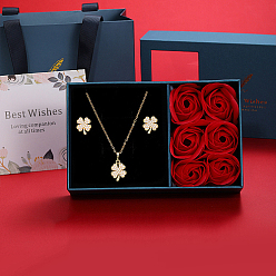 Real 18K Gold Plated Alloy Clover Jewelry Set, Stud Earrings & Pendant Necklace, Real 18K Gold Plated, Necklace: 17.7 inch(45cm); Earring: 15x13mm