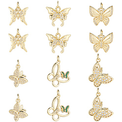 Настоящее золото 18K 12 кулоны из латуни с прозрачным кубическим цирконием, бабочка, реальный 18 k позолоченный, 11.5~17x15~20.5x2.5~3 мм