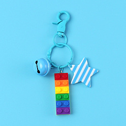 Deep Sky Blue Pride Flag/Rainbow Flag Plastic Building Block Keychains, Bell Keychain, Striped Star Keychain with Lobster Claw Clasp, Deep Sky Blue, 48x16mm