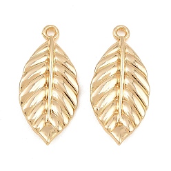 Golden Alloy Pendants, Textured Leaf Charms, Rack Plating, Cadmium Free & Lead Free, Golden, 30.5x14x3mm, Hole: 1.8mm