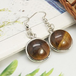 Tiger Eye Fashion Natural Tiger Eye Earrings, with Brass Earring Hooks, Half Round/Dome, 44~45x18~19mm, Pin: 0.6mm
