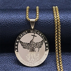 Золотой 201 нержавеющая сталь архангел святой михаил медальон кулон коробка цепь ожерелья для женщин, золотые, 23.58 дюйм (59.9 см)