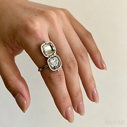Platinum Brass Pave Clear Cubic Zirconia Flip Cuff Open Rings, Square with Heart, Platinum, 15~20mm