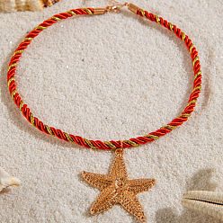 Красный Кулон в виде морской звезды из морского сплава, ожерелье из витого хлопкового шнура., золотые, красные, 16.73 дюйм (42.5 см), Кулон : 56x50 мм