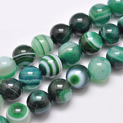 Sea Green Natural Striped Agate/Banded Agate Bead Strands, Dyed & Heated, Round, Grade A, Sea Green, 12mm, Hole: 1mm, about 32pcs/strand, 15.1 inch(385mm)