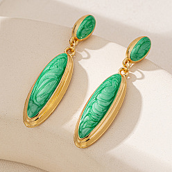 Зеленый лайм Литые эмаль болтаться серьги стержня, овальные, золотые, зеленый лайм, 65x15 мм