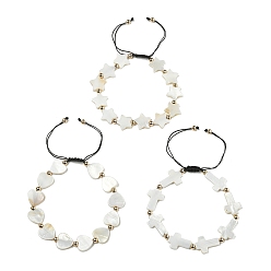 Морская Ракушка 3 шт. 3 стиль крест звезда сердце браслеты из натуральной пресноводной ракушки плетеные из бисера, регулируемый браслет с нейлоновой нитью для женщин, цвет морской раковины, 1/2 дюйм (1.25~1.3 см), внутренний диаметр: 2~3-3/8 дюйм (5~8.5 см), 1 шт / стиль