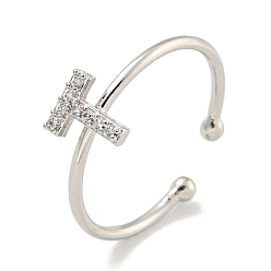 Letter T Латунные открытые манжеты для женщин, с кубического циркония, без кадмия и без свинца, долговечный, буквы, Письмо T, внутренний диаметр: 17.5 мм, Письмо: 7.8x6 мм