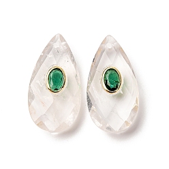 Хрусталь Природного кварца хрустальных подвесок, подвески из горного хрусталя в форме капли с латунной микрофиброй и кубическими циркониями, золотые, 25.5x13~13.5x6 мм, отверстие : 1 мм