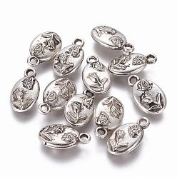 Antique Silver CCB Plastic Pendants, Oval Carved Flower and Butterfly, Antique Silver, 19x11x4mm, Hole: 2mm