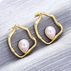 Настоящее золото 18K Серьги-гвоздики из латуни Nuggets, с пластмассовой жемчужиной abs, долговечный, без свинца и без кадмия, реальный 18 k позолоченный, 23.5x20.5 мм