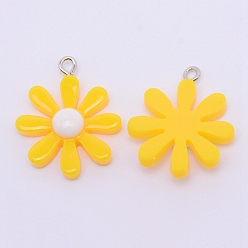 Желтый Подвески из смолы, с платиновыми железными петлями, маргаритка, желтые, 28x23.5x2 мм, отверстие : 2 мм