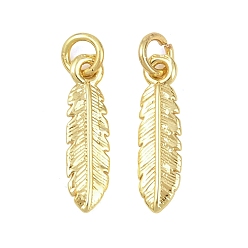Настоящее золото 18K Латунные подвески, прелести из перьев, с целью перехода в кольце, реальный 18 k позолоченный, 14.5x4x1.7 мм, отверстие : 2.5 мм