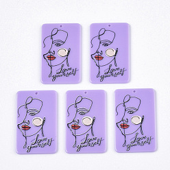 Lilac Acrylic Big Pendants, 3D Printed, Rectangle, Abstract Face & Love Yourself Pattern, Lilac, 50x30.5x2.5mm, Hole: 1.8mm