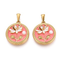 Лосось 304 подвески из нержавеющей стали, эмали и искусственного жемчуга из АБС-пластика, плоские круглые и цветочные подвески, золотые, salmon, 27x23~23.5x7 мм, отверстие : 8x3 мм