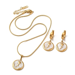 Blanc Ensemble de bijoux en acier inoxydable doré avec placage ionique (IP) et émail, boucles d'oreilles pendantes et collier pendentif, blanc, colliers : 304mm ; boucle d'oreille : 402 mm