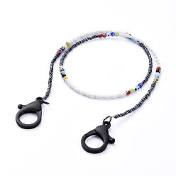 Black Personalized Beaded Necklaces, with Evil Eye Lampwork Round Beads, Glass Seed Beads and Plastic Lobster Claw Clasps, Black, 24.21 inch(61.5cm)