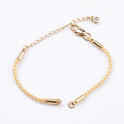 пшеница Плетеный браслет из хлопкового шнура, с латунным когтя омара застежками и удлинителей цепей, со стразами, золотые, цвет пшеницы, 5-3/8 дюйм ~ 5-1/2 дюйм (13.5~14 см), 3 мм, отверстие : 2 мм