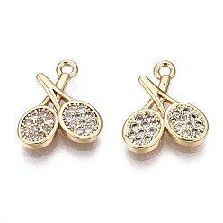 Real 18K Gold Plated Sport Theme, Brass Micro Pave Clear Cubic Zirconia Charms, Cadmium Free & Nickel Free & Lead Free, Tennis Racket, Real 18K Gold Plated, 13x11x2mm, Hole: 1.2mm