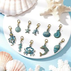 Античный Бронзовый Зеленый 10шт. подвесные украшения из сплава серии Ocean, с карабин-лобстерами , разнообразные, античная бронза и зеленая патина, 30~44 мм
