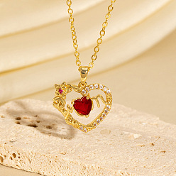 Сердце Подвеска в виде сердца с микропаве из латуни с красными кубическими циркониями и желтыми фианитами ко Дню матери для женщин., золотые, сердце, 15.75 дюйм (40 см)