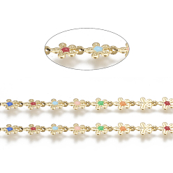 Colorful Brass Handmade Link Chains, with Enamel, Long-Lasting Plated, Unwelded, with Spool, Flower,Real 18K Gold Plated, Colorful, Link: 8x6x2mm, about 32.8 Feet(10m)/roll